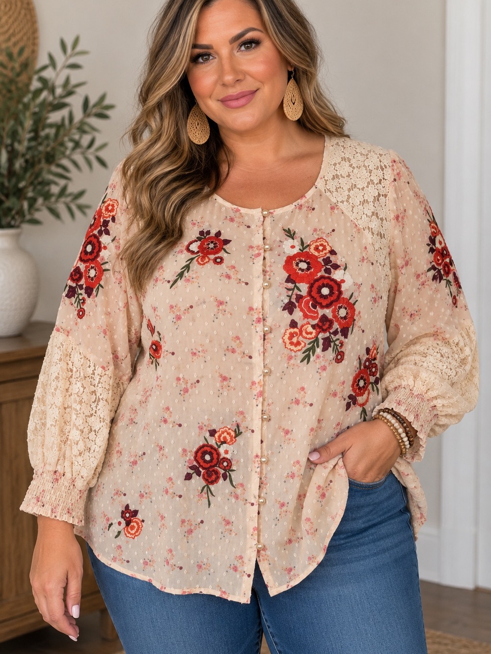Cato Beige Floral Button-Front Blouse with Red Embroidery